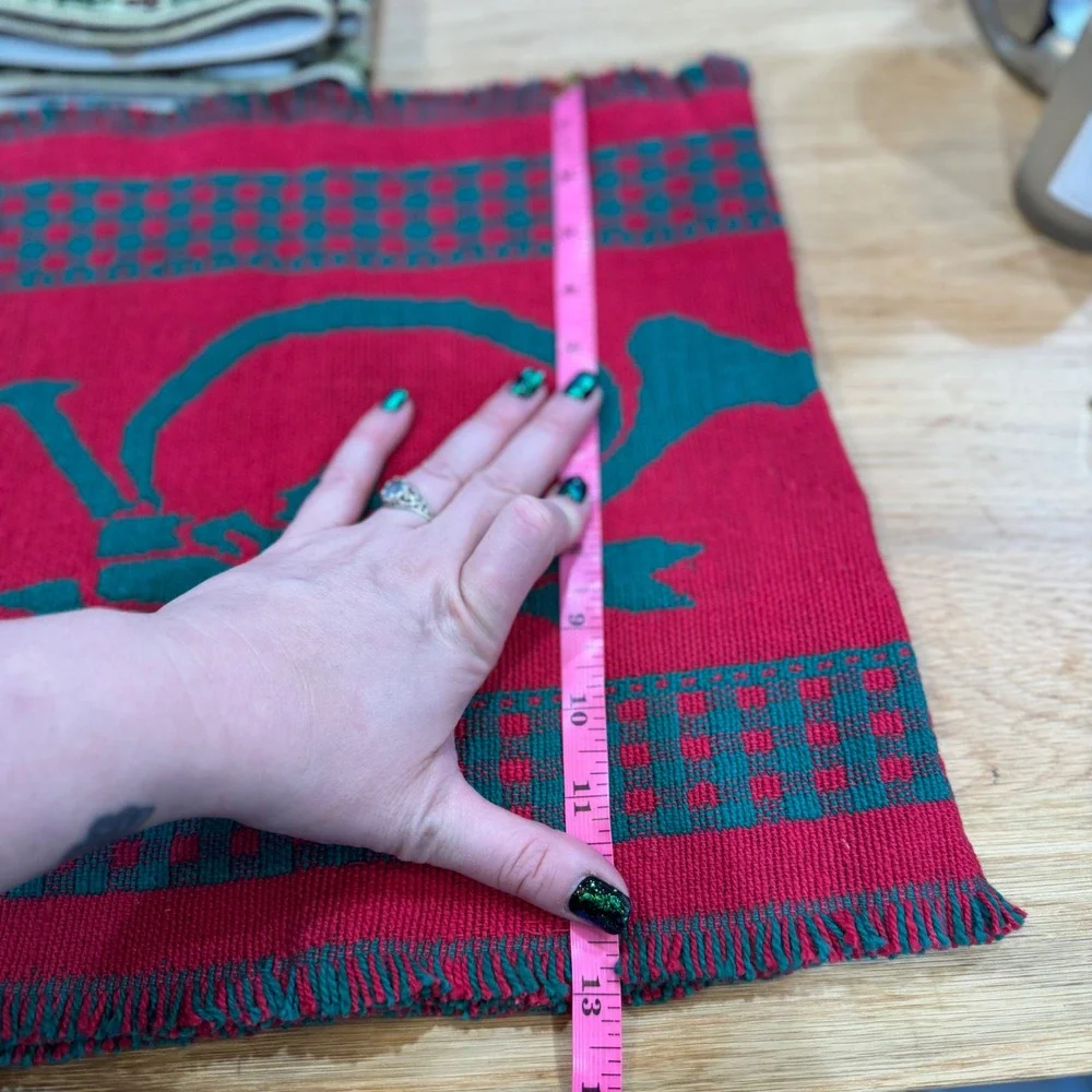 Vintage Red Green Reversible Woven Christmas Table Runner French Horn Holly 68in